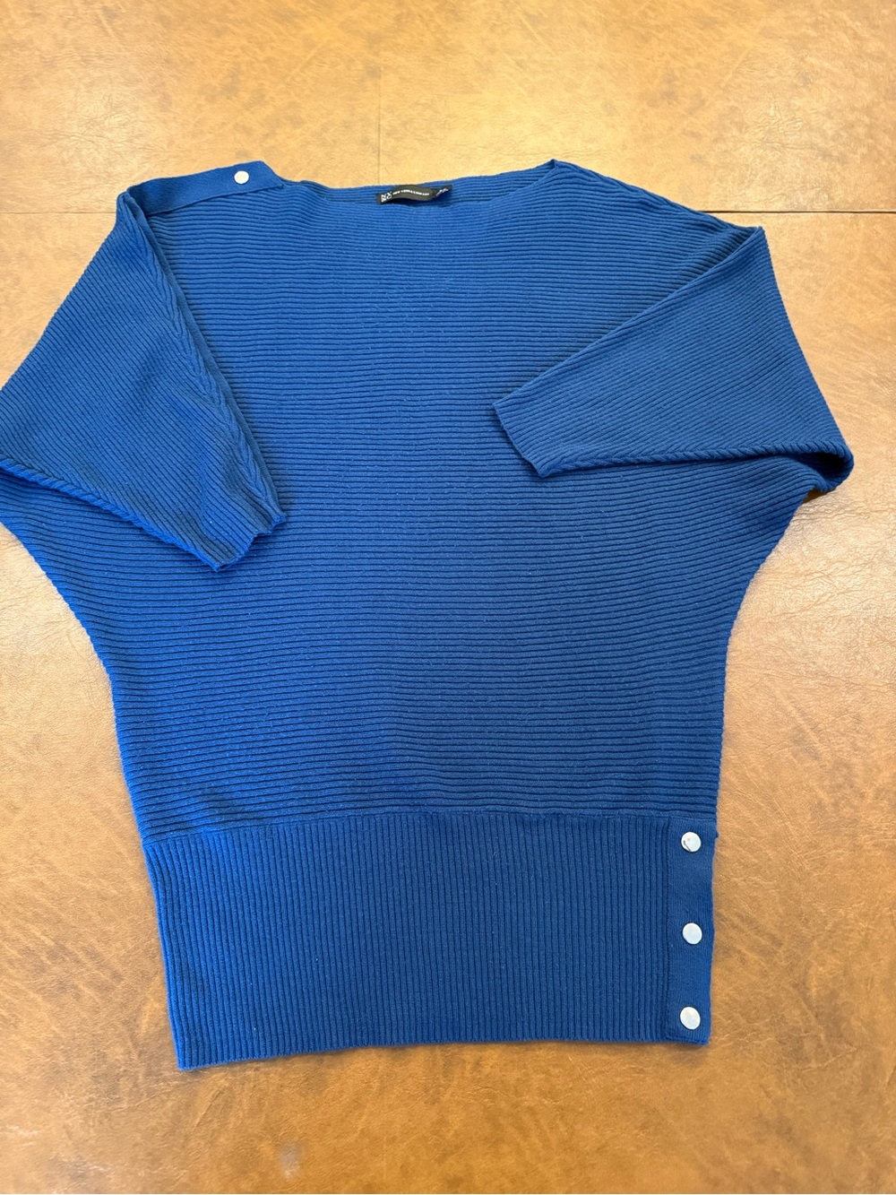 New York & Company Ribbed Blue Dolman Sweater with Button Detail